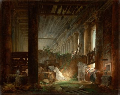 Un ermitaño rezando en las ruinas de un templo romano, ca. 1760 de Hubert Robert