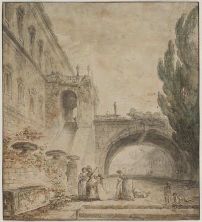 Un palacio con un puente arqueado Una villa romana, 1760 de Hubert Robert