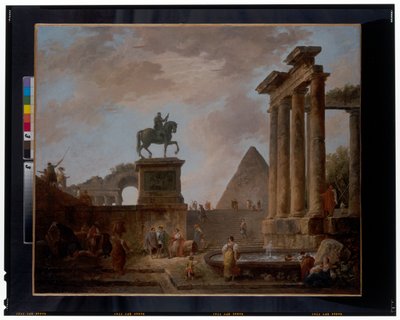 Un capriccio con trovadores y lavanderas junto a una pila entre ruinas romanas, una pirámide más allá, c.1780 (óleo sobre lienzo) de Hubert Robert