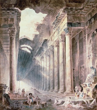 Un Edificio Termal con Columnas, el Techo Parcialmente Abierto al Cielo, con Chicas Lavando Ropa de Hubert Robert