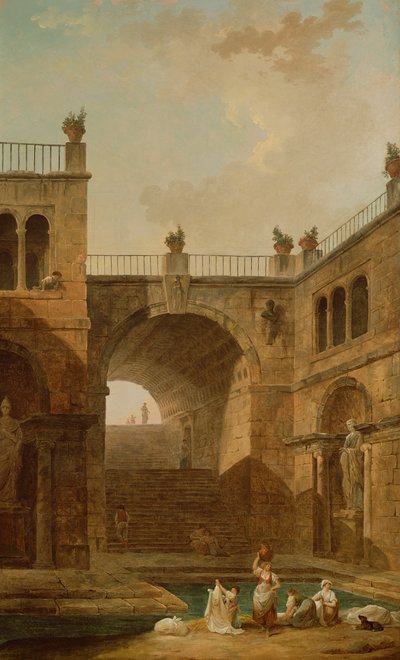 Escena arquitectónica con mujeres lavando ropa en una piscina de Hubert Robert