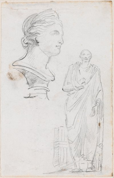 Busto de una mujer romana y estatua de un hombre romano de Hubert Robert