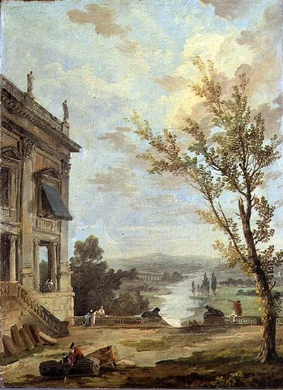 Paisaje italianizante caprichoso con el Palazzo Nuovo del Capitolio y gente noble en una terraza, un río más allá de Hubert Robert