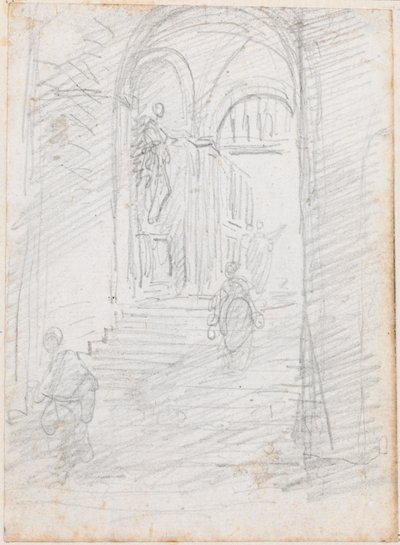 Figuras en una escalera interior monumental [recto] de Hubert Robert