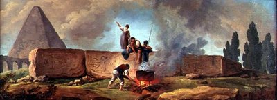 Gitanos hirviendo un caldero entre ruinas egipcias de Hubert Robert