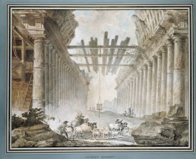 Rebaño en las ruinas de un templo de dibujo de Hubert Robert