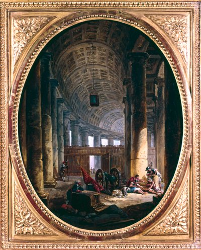 Interior de la columnata de San Pedro, Roma, en el momento del cónclave de 1769 de Hubert Robert
