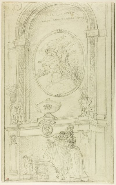 Interior con una pareja ante una chimenea de Hubert Robert