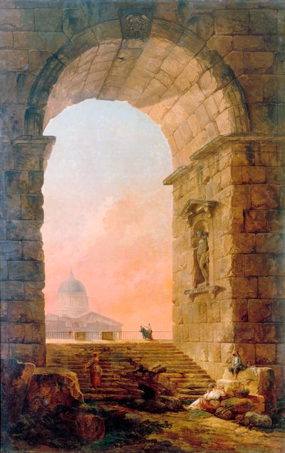 Paisaje con un arco y la Basílica de San Pedro en Roma, 1773 de Hubert Robert