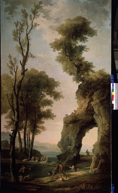 Campo. Las lavanderas lavan ropa en el río. Una mujer se cae de un burro. Pintura de Hubert Robert (1733-1808), óleo sobre lienzo, arte francés. Museo Estatal al Aire Libre Peterhof, San Petersburgo. de Hubert Robert