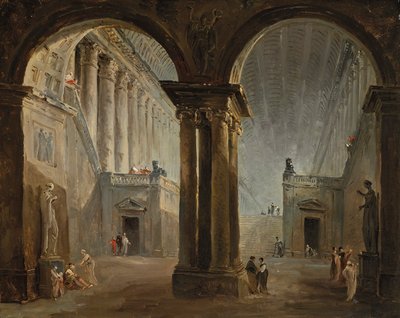 Gente en una galería de antigüedades de Hubert Robert