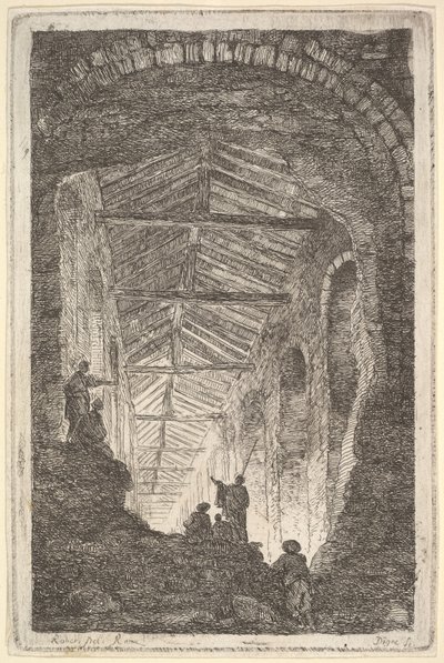 Placa 10: La Galería Antigua: una gran galería cubierta, luz entrando desde el fondo..., ca. 1763-64 de Hubert Robert