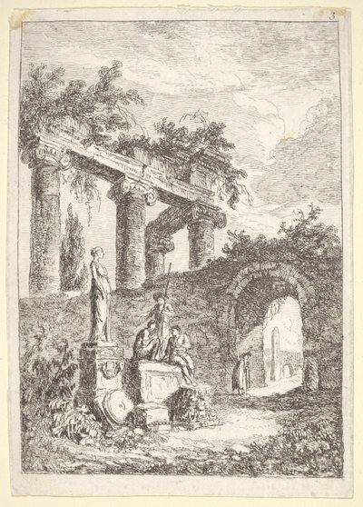 Lámina 3: La estatua ante las ruinas: una estatua a la izquierda junto a tres figuras en un p..., ca. 1763-64 de Hubert Robert