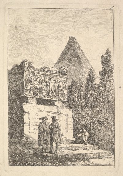 Placa 6: El Sarcófago: dos hombres conversando a la izquierda, otro hombre sentado y durmiendo..., ca. 1763-64 de Hubert Robert