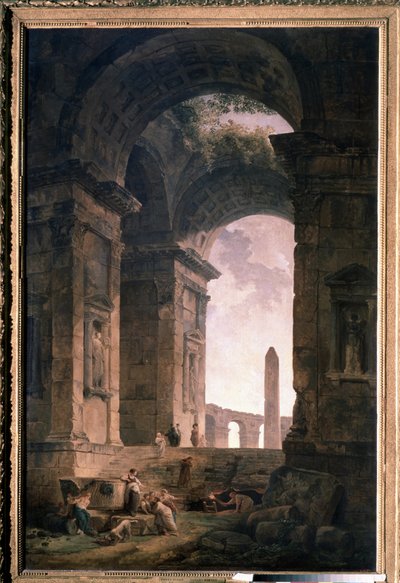 Ruinas con un obelisco. Pintura de Hubert Robert (1733-1808), óleo sobre lienzo de Hubert Robert