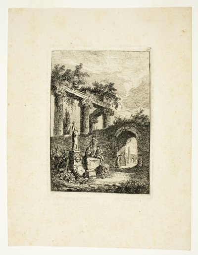 La estatua ante las ruinas, lámina tres de Les Soirées de Rome de Hubert Robert