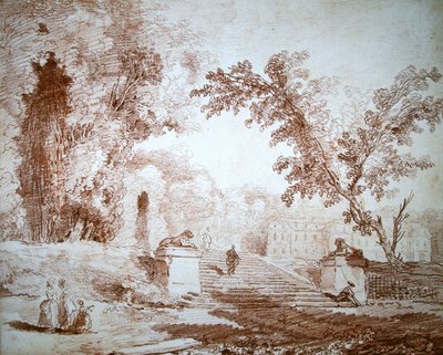Vista de un jardín con una terraza de Hubert Robert