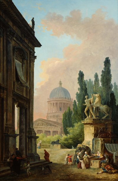 Paisaje imaginario de Roma con la estatua de Monte Cavallo y la basílica de Hubert Robert