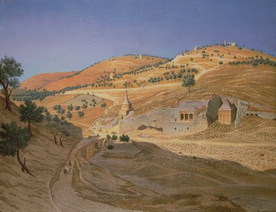 Un paisaje montañoso con árabes y un templo en ruinas de Hubert Sattler