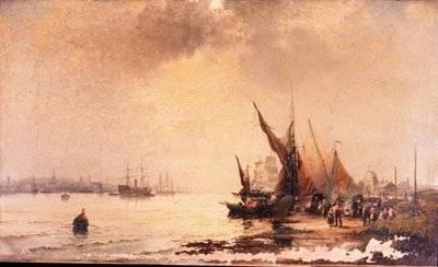 Pescadores en la Orilla en una Escena de Estuario Tranquilo al Amanecer de Hubert Thornley