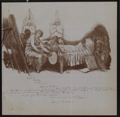 Escena de un lecho de muerte con niños y figuras alegóricas incluyendo un artista con caballete de Hubert von Herkomer