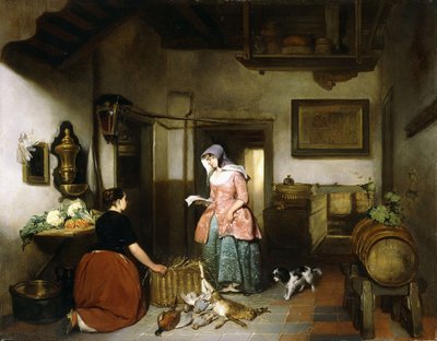 Interior de una despensa con mujeres limpiando caza de Hubertus van Hove