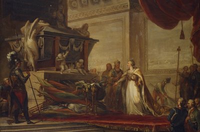 Catalina II colocando los trofeos de la Batalla de Chesma en la tumba de Pedro el Grande, 1791 de Hüne