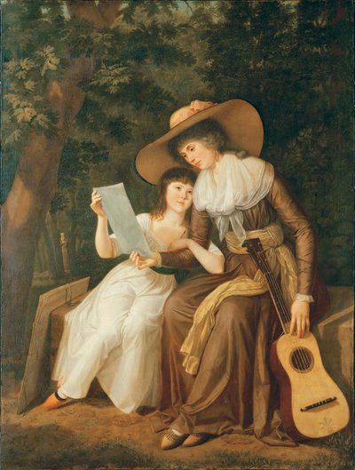 Doble retrato de Mary, condesa de Erne, con su hija Lady Caroline Crichton, luego Lady Wharncliffe, de cuerpo entero, sentadas, la primera con un vestido marrón con una faja amarilla, usando un gran sombrero de paja de Hugh Douglas Hamilton