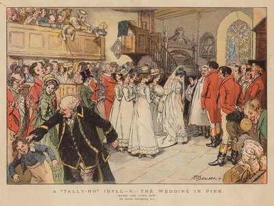 Un idilio en Tally-Ho: la boda en rosa (litografía en color) de Hugh Thomson