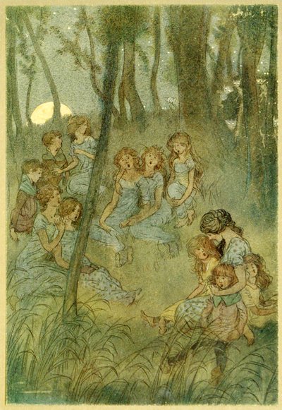 Y las hadas del prado nocturno, mira que cantas, de Las alegres comadres de Windsor, pub. 1910 de Hugh Thomson