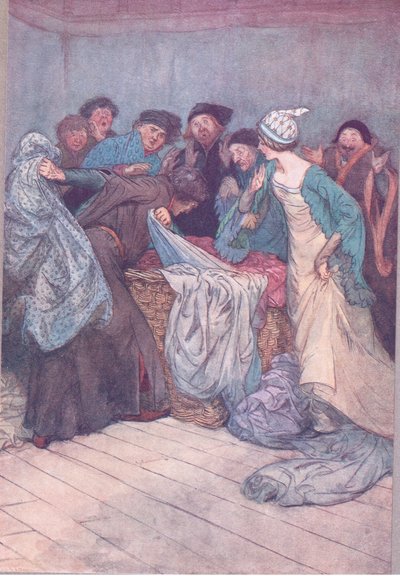¿No te da vergüenza? Deja la ropa en paz, ilustración de Las Alegres Comadres de Windsor, 1910 de Hugh Thomson