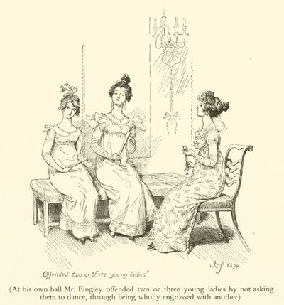 En su propio baile, el Sr. Bingley ofendió a dos o tres jóvenes al no invitarlas a bailar, por estar completamente absorto con otra de Hugh Thomson