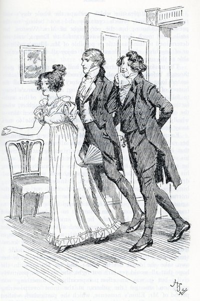 Emma invitando al Sr. Elton a admirar el retrato de Harriett de Hugh Thomson