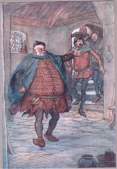 Entran Falstaff, pistola, Nym y Bardolph, ilustración de Las Alegres Comadres de Windsor, 1910 de Hugh Thomson