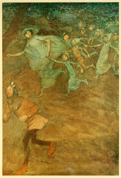 Entra Sir Hugh Evans, Anne Page y otros, de Las alegres comadres de Windsor, 1910 de Hugh Thomson