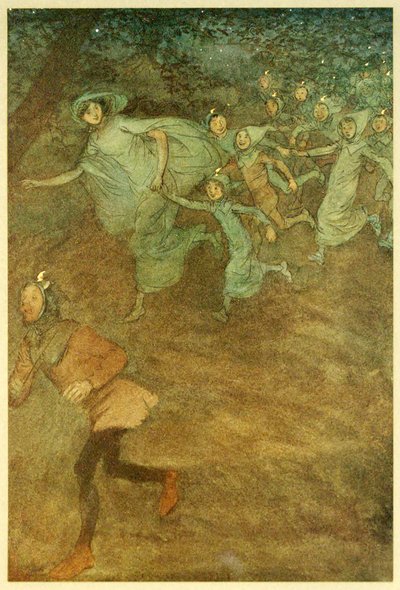Entra Sir Hugh Evans, Anne Page y otros, de Las alegres comadres de Windsor, pub. 1910 de Hugh Thomson