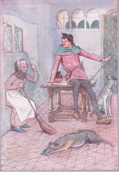 ¿No tiene su señoría una necesidad sobre su ojo?, ilustración de Las Alegres Comadres de Windsor, 1910 de Hugh Thomson