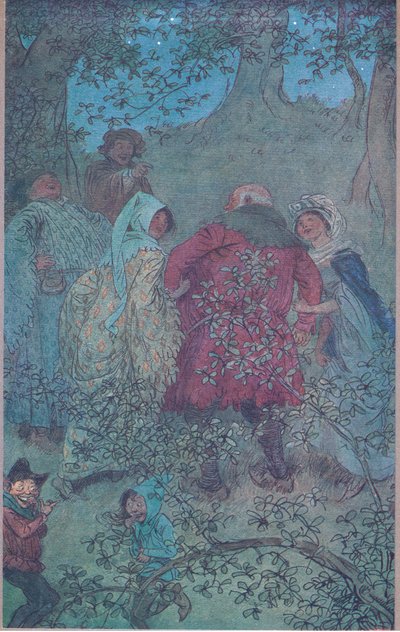 Ahora, buen Sir John, ¿cómo viven sus esposas de Windsor?, ilustración de Las Alegres Comadres de Windsor, 1910 de Hugh Thomson