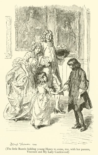 La pequeña Beatrix invitando al joven Henry a venir también, con sus padres, el Vizconde y Mi Lady Castlewood de Hugh Thomson