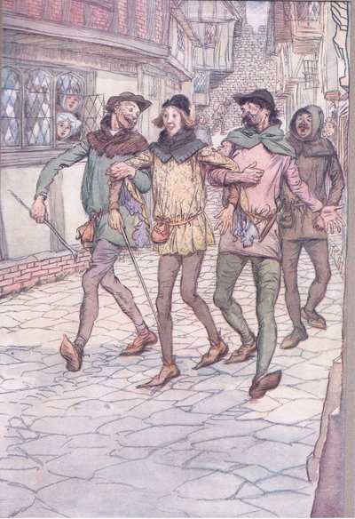 Me llevaron a una taberna, ilustración de Las Alegres Comadres de Windsor, 1910 de Hugh Thomson
