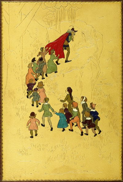 Cubierta superior, con una ilustración del Flautista seguido por niños de Hugh Thomson