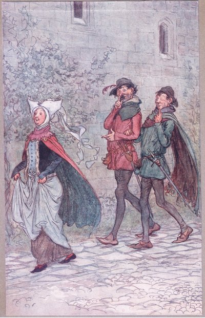 Cuando la Sra. Bridget perdió el mango de su abanico, ilustración de Las Alegres Comadres de Windsor, 1910 de Hugh Thomson
