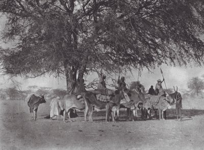 África: Caravana de jinetes de bueyes en el Nilo Blanco (foto b/n) de Hugo Adolf Bernatzik
