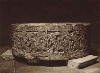 Mexico: Altar de sacrificio del Rey Tizoc, Museo nacional (b/w photo) de Hugo Brehme