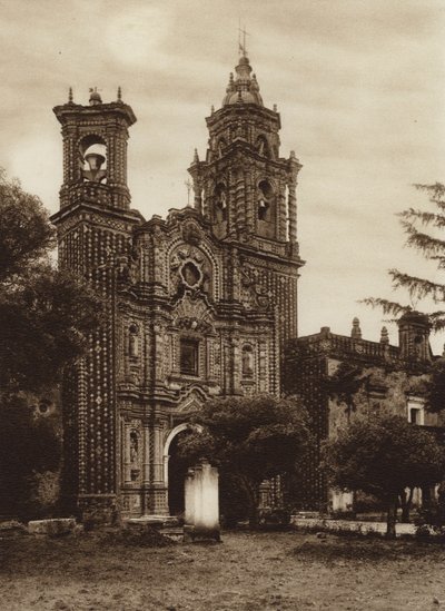 Mexico: Iglesia de San Francisco, Vista anterior (b/w photo) de Hugo Brehme
