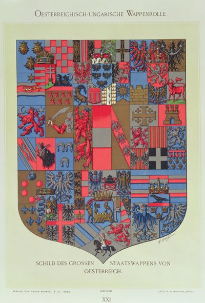 Escudo de armas del Imperio Austrohúngaro, mostrando los blasones de la Corte Imperial Austriaca, grabado por R. M. Rohrer de Hugo Gerard Strohl