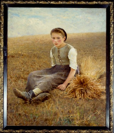 Un pequeño campesino sueco sentado en el heno de Hugo Salmson