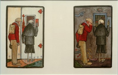 El campesino y la muerte ante las puertas del cielo y el infierno de Hugo Simberg
