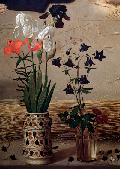 Tríptico Portinari: detalle central de flores de Hugo van der Goes