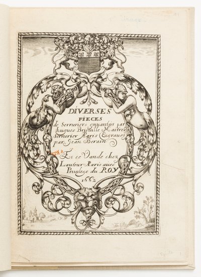 Página del título, de Diverses pièces de serruriers (Varios diseños para cerrajeros) de Hugues Brisville